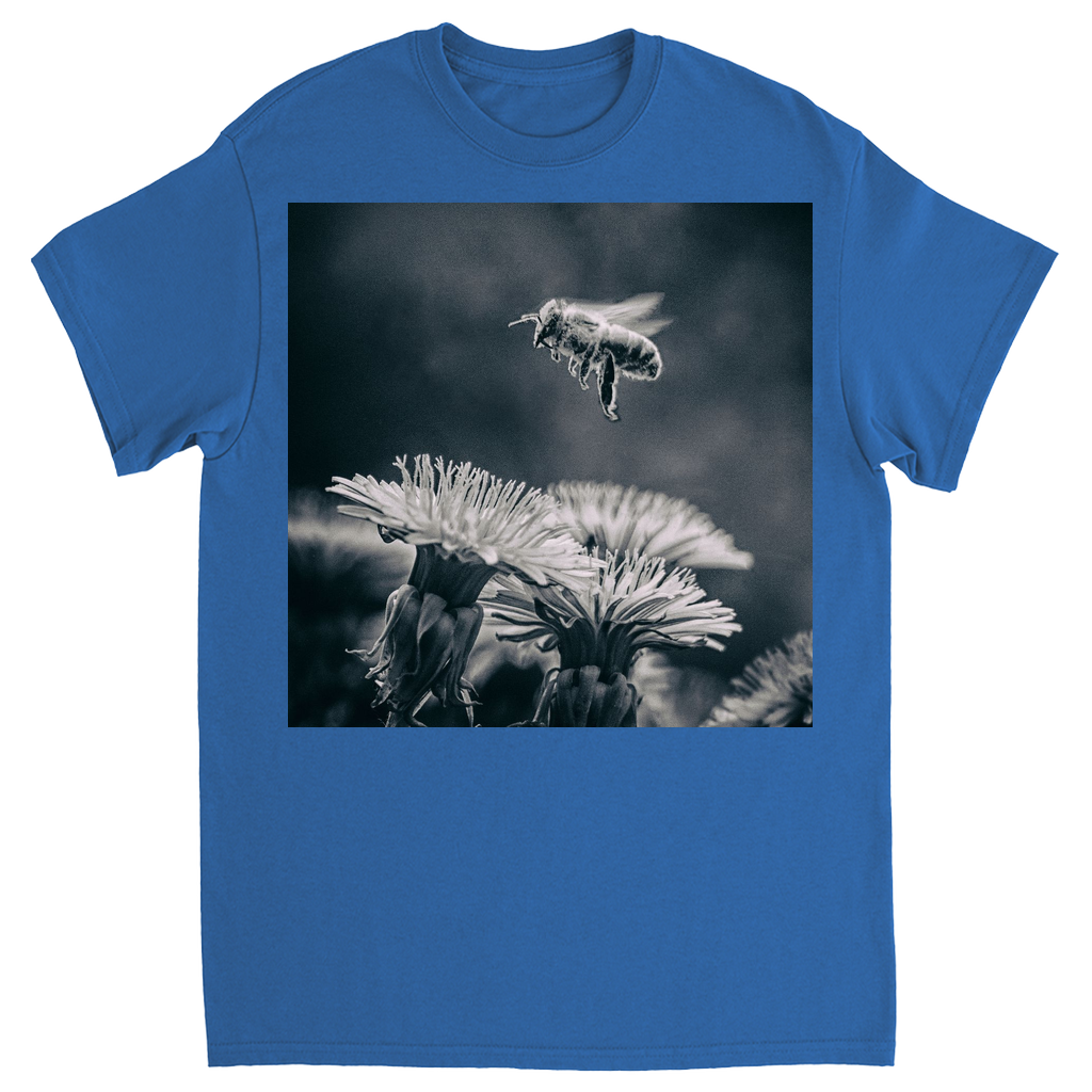B&W Bee Hovering Over Flower Royal Shirts & Tops apparel
