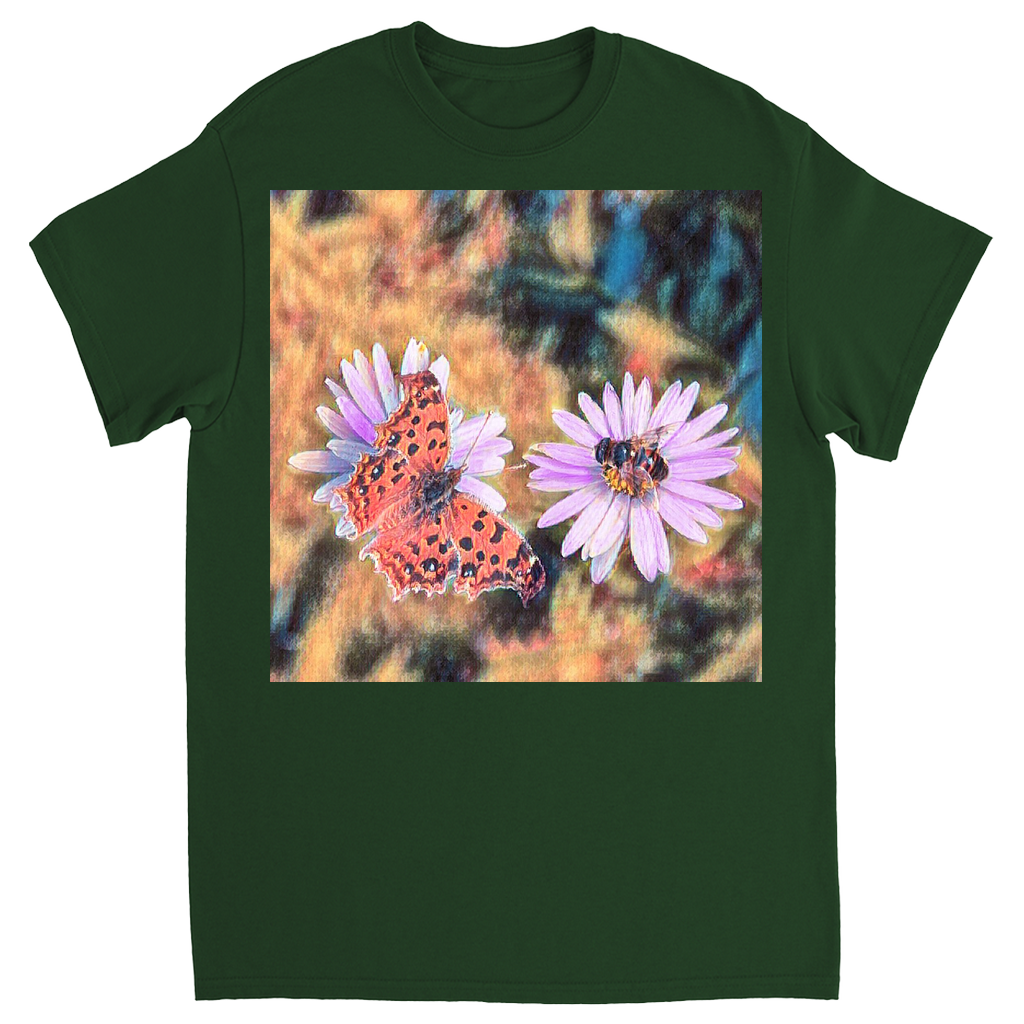 Vintage Butterfly & Bee on Purple Flower Unisex Adult T-Shirt Forest Green Shirts & Tops apparel