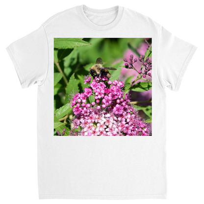 Bumble Bee on a Mound of Pink Flowers Unisex Adult T-Shirt White Shirts & Tops apparel