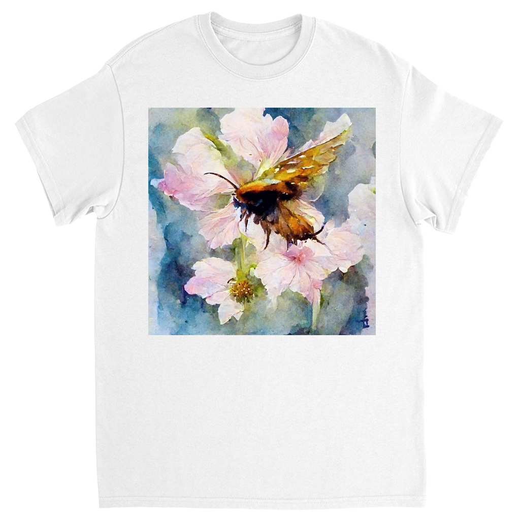 Watercolor Bee Landing on Flower Bee Unisex Adult T-Shirt White Shirts & Tops apparel Watercolor Bee Landing on Flower