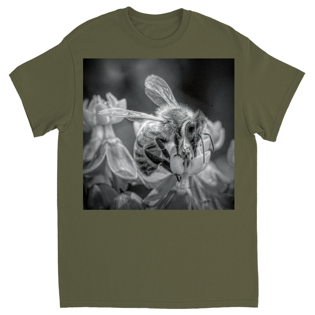 Black and White Sipping Bee Unisex Adult T-Shirt Military Green Shirts & Tops apparel