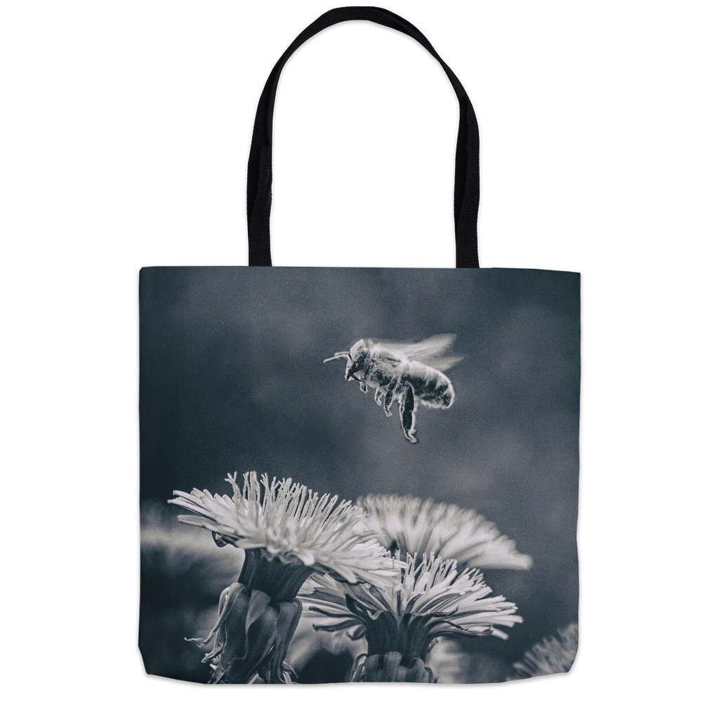 B&W Bee Hovering Over Flower Tote Bag 18x18 inch Shopping Totes bee tote bag gift for bee lover gifts original art tote bag totes zero waste bag