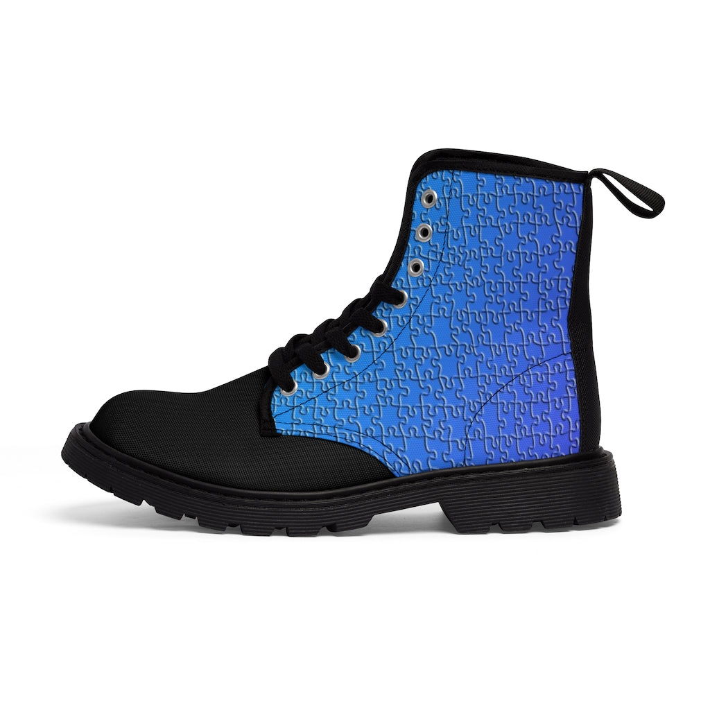 Blue Bee Puzzle Men's Canvas Boots Shoes Bee boots Blue boots combat boots Mens boots mens fashion boots mens shoes Puzzle boots Shoes unique mens boots vegan boots vegan combat boots