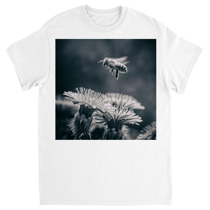 B&W Bee Hovering Over Flower White Shirts & Tops apparel