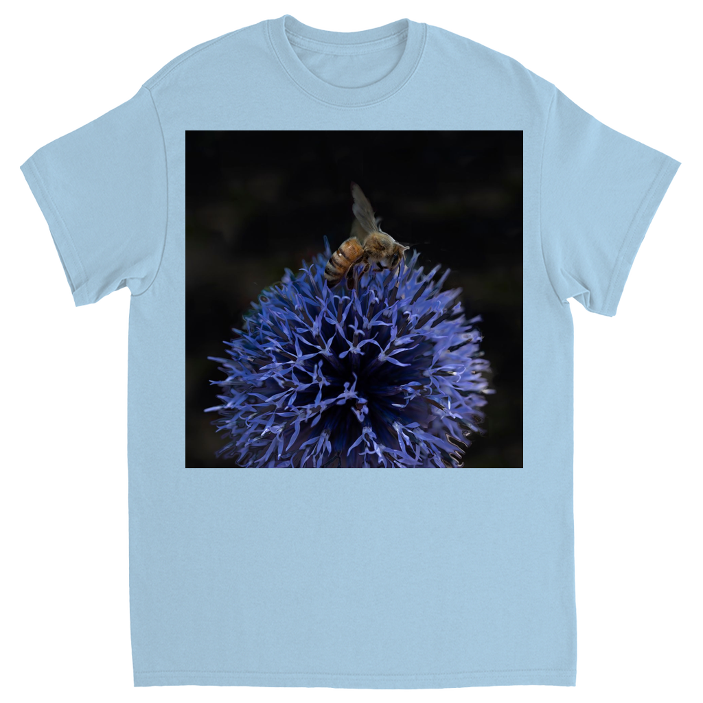 Bee on a Purple Ball Flower Unisex Adult T-Shirt Light Blue Shirts & Tops apparel