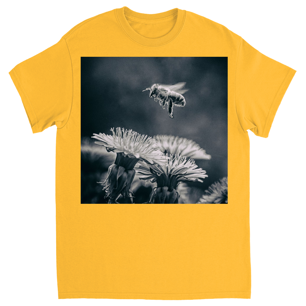 B&W Bee Hovering Over Flower Gold Shirts & Tops apparel