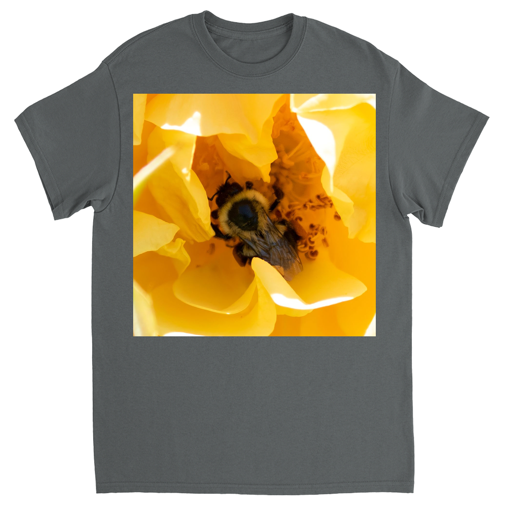Bee in a Yellow Rose Unisex Adult T-Shirt Charcoal Shirts & Tops apparel