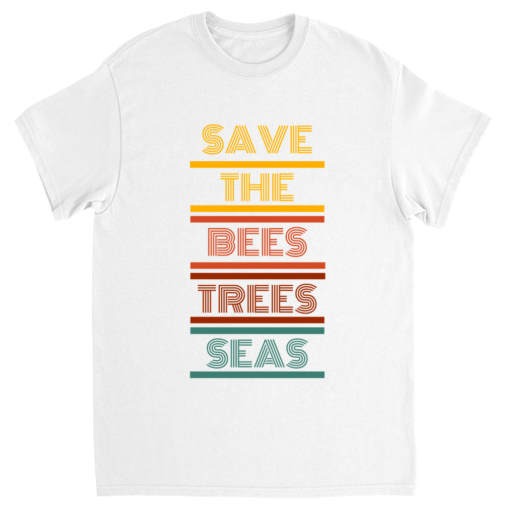 Vintage 70s Save the Bees Trees Seas Unisex Adult T-Shirt White Shirts & Tops