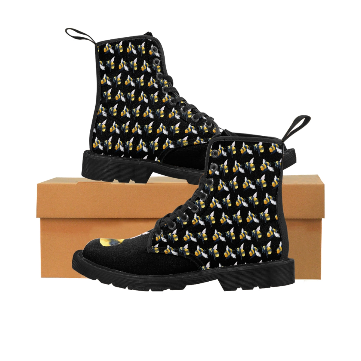 Friendly Flying Bees Men's Black Canvas Boots Black Shoes Bee boots combat boots gift for bee lover gift for him Mens boots mens fashion boots mens shoes Shoes unique mens boots vegan boots vegan combat boots