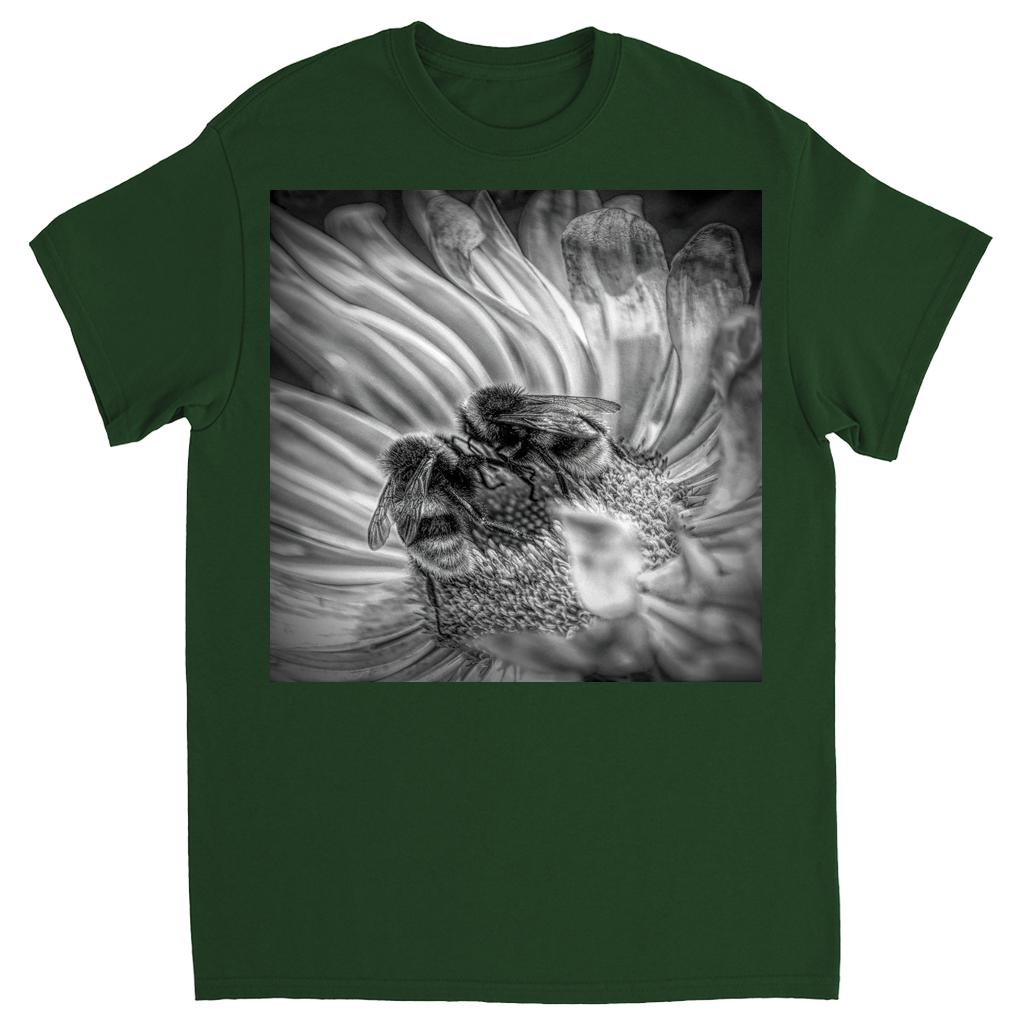 Black and White Bees on Flower Unisex Adult T-Shirt Forest Green Shirts & Tops apparel