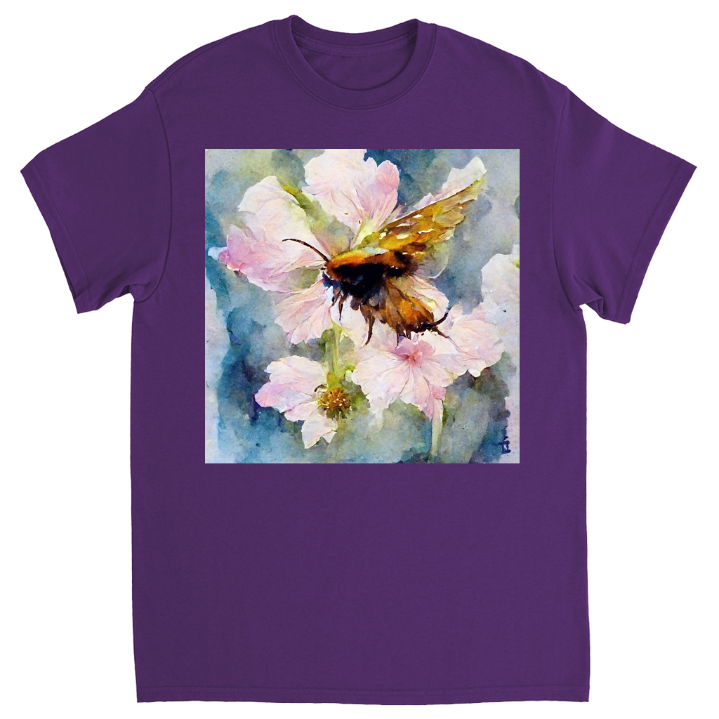 Watercolor Bee Landing on Flower Bee Unisex Adult T-Shirt Purple Shirts & Tops apparel Watercolor Bee Landing on Flower