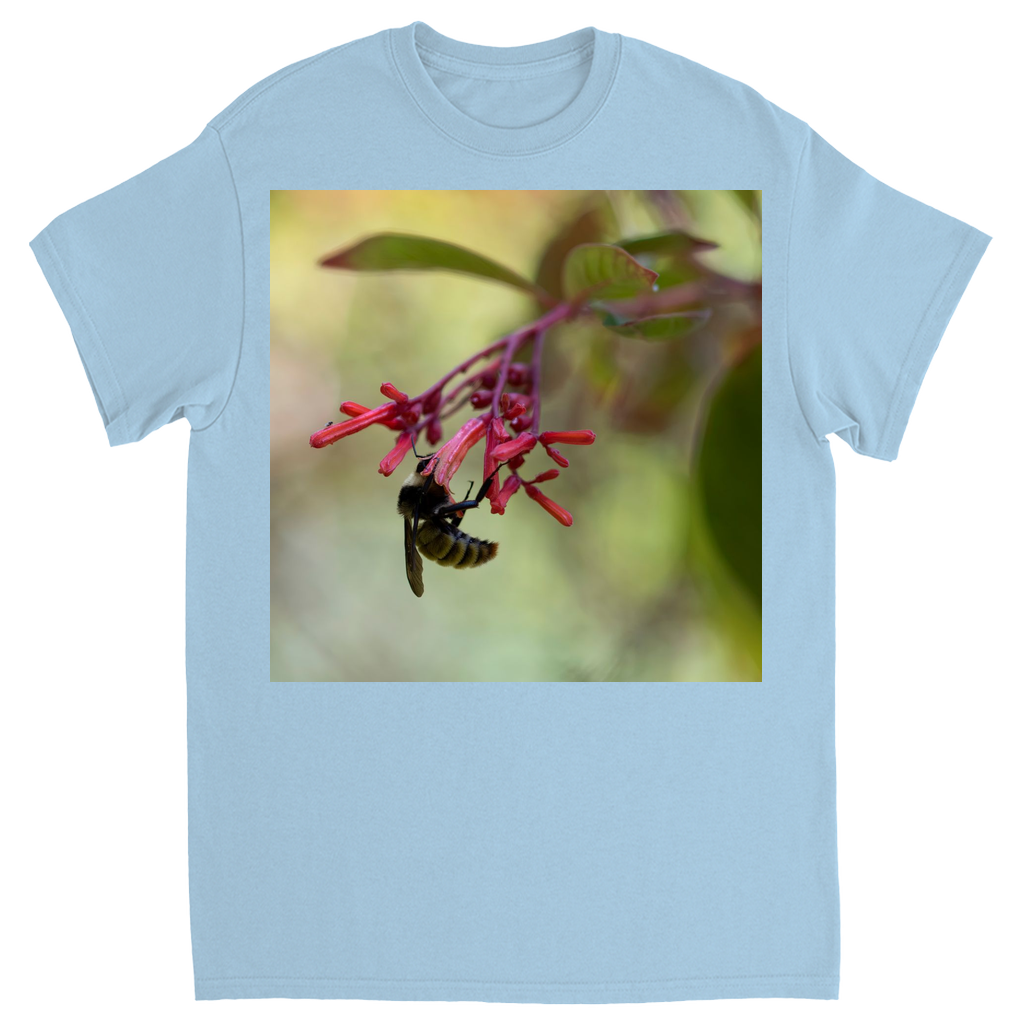 Bee Hanging on Red Flowers Unisex Adult T-Shirt Light Blue Shirts & Tops apparel Bee Hanging on Red Flowers