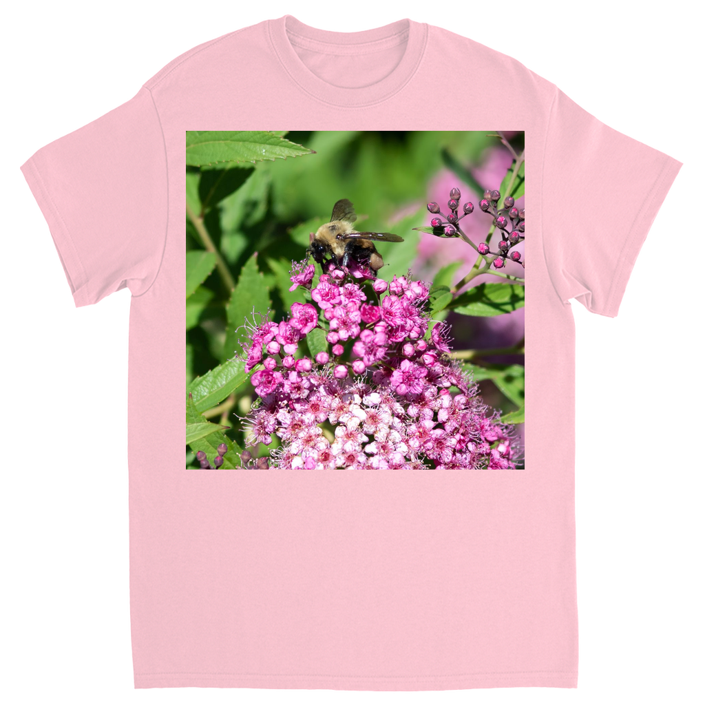 Bumble Bee on a Mound of Pink Flowers Unisex Adult T-Shirt Light Pink Shirts & Tops apparel