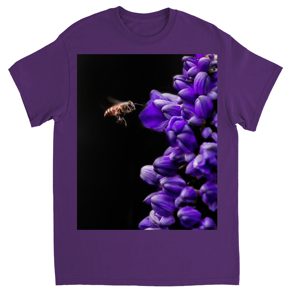Buzzing Bee with Purple Flower Unisex Adult T-Shirt Purple Shirts & Tops apparel Buzzing Bee with Purple Flower