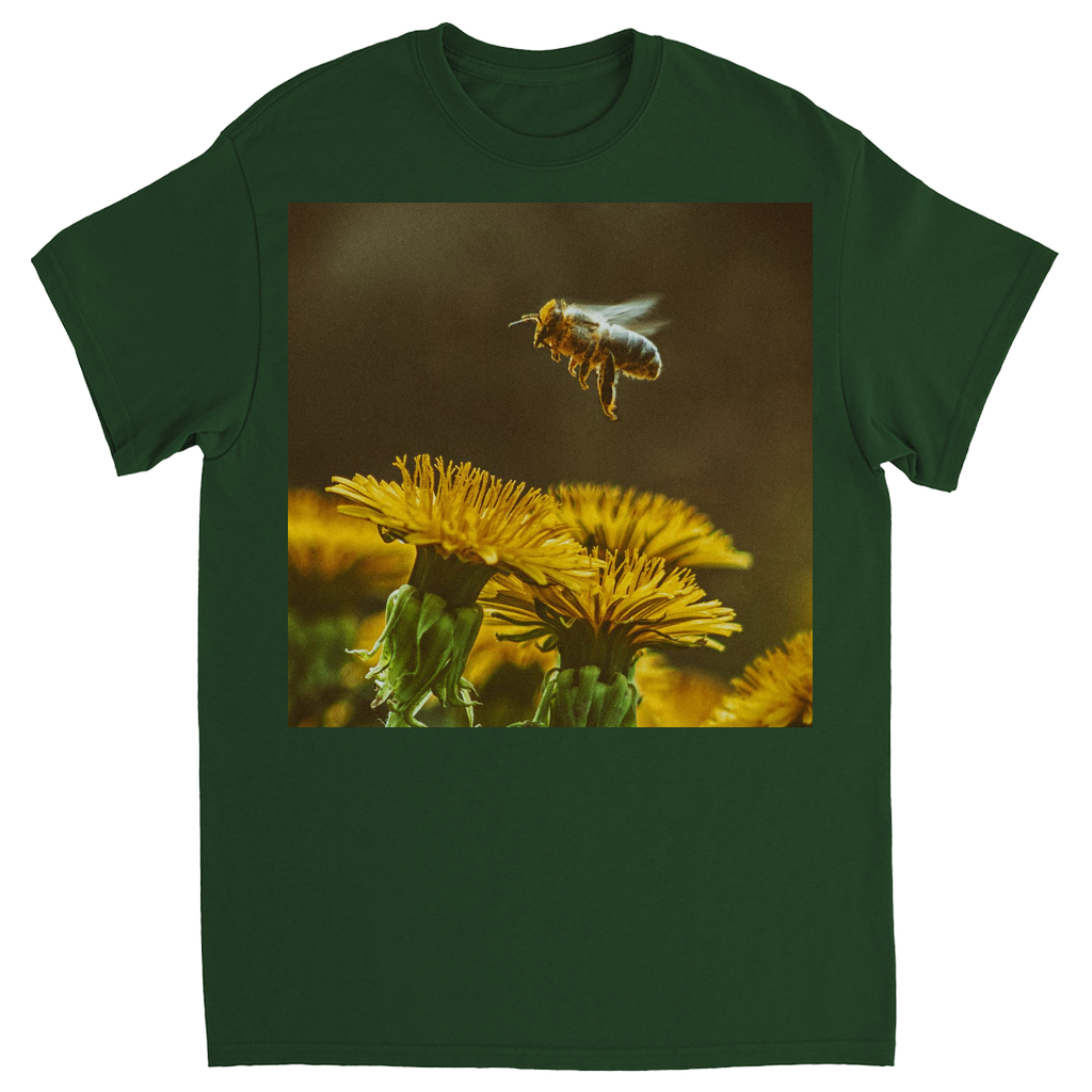 Golden Bee Hovering Over Flower Unisex Adult T-Shirt Forest Green Shirts & Tops