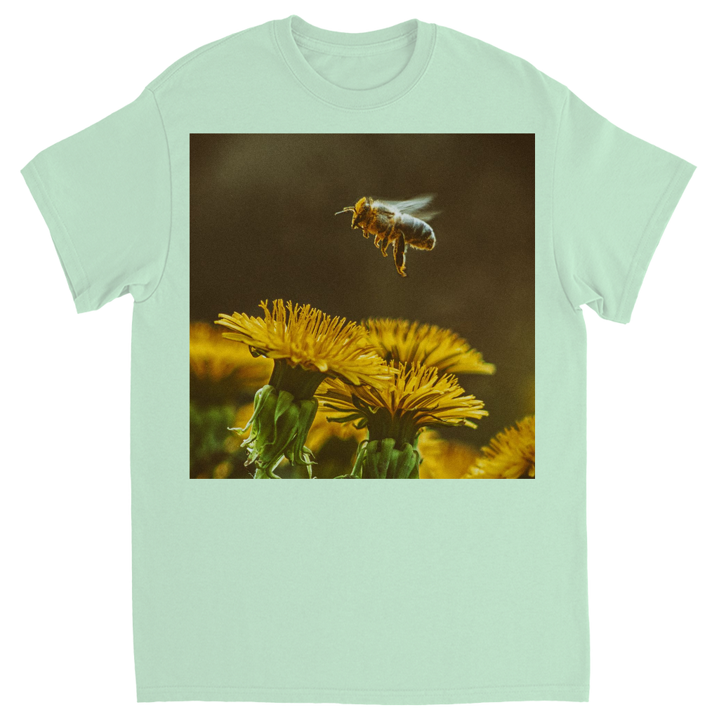 Golden Bee Hovering Over Flower Unisex Adult T-Shirt Mint Shirts & Tops