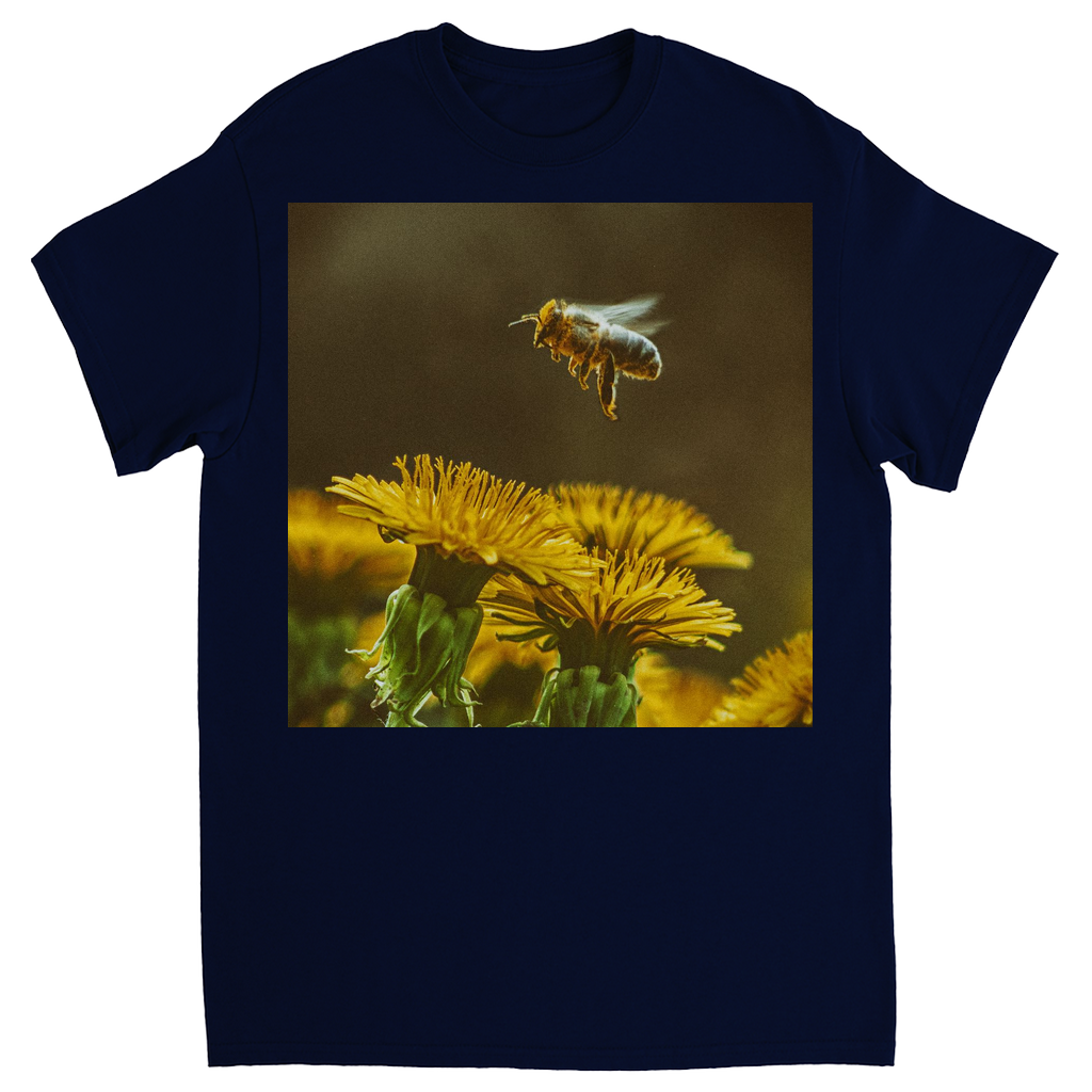 Golden Bee Hovering Over Flower Unisex Adult T-Shirt Navy Blue Shirts & Tops
