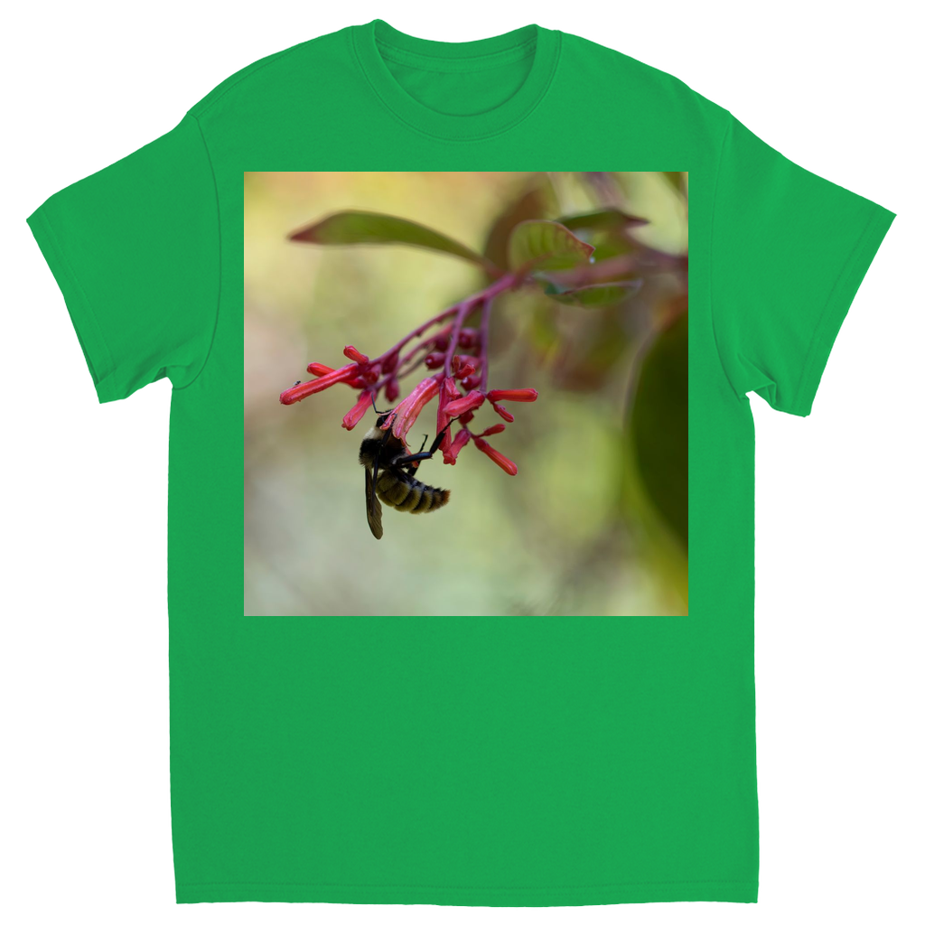 Bee Hanging on Red Flowers Unisex Adult T-Shirt Irish Green Shirts & Tops apparel Bee Hanging on Red Flowers