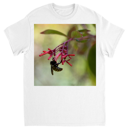 Bee Hanging on Red Flowers Unisex Adult T-Shirt White Shirts & Tops apparel Bee Hanging on Red Flowers
