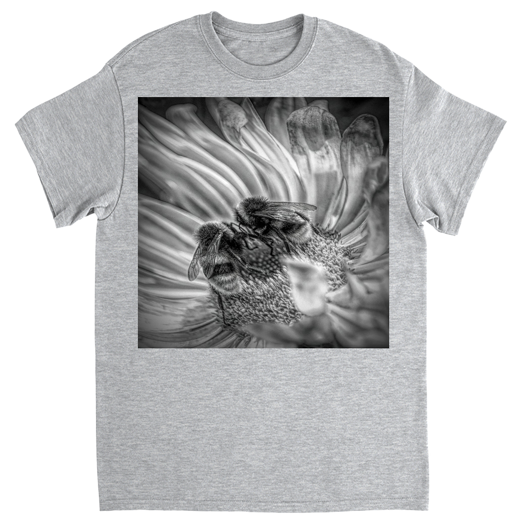 Black and White Bees on Flower Unisex Adult T-Shirt Sport Grey Shirts & Tops apparel