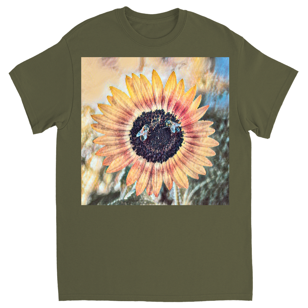 Painted 2 Sunflower Bees T-Shirt Military Green Shirts & Tops apparel