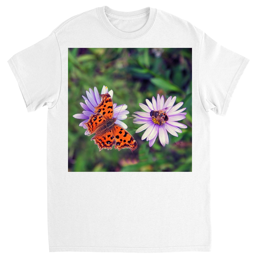 Butterfly & Bee on Purple Flower Unisex Adult T-Shirt White Shirts & Tops apparel