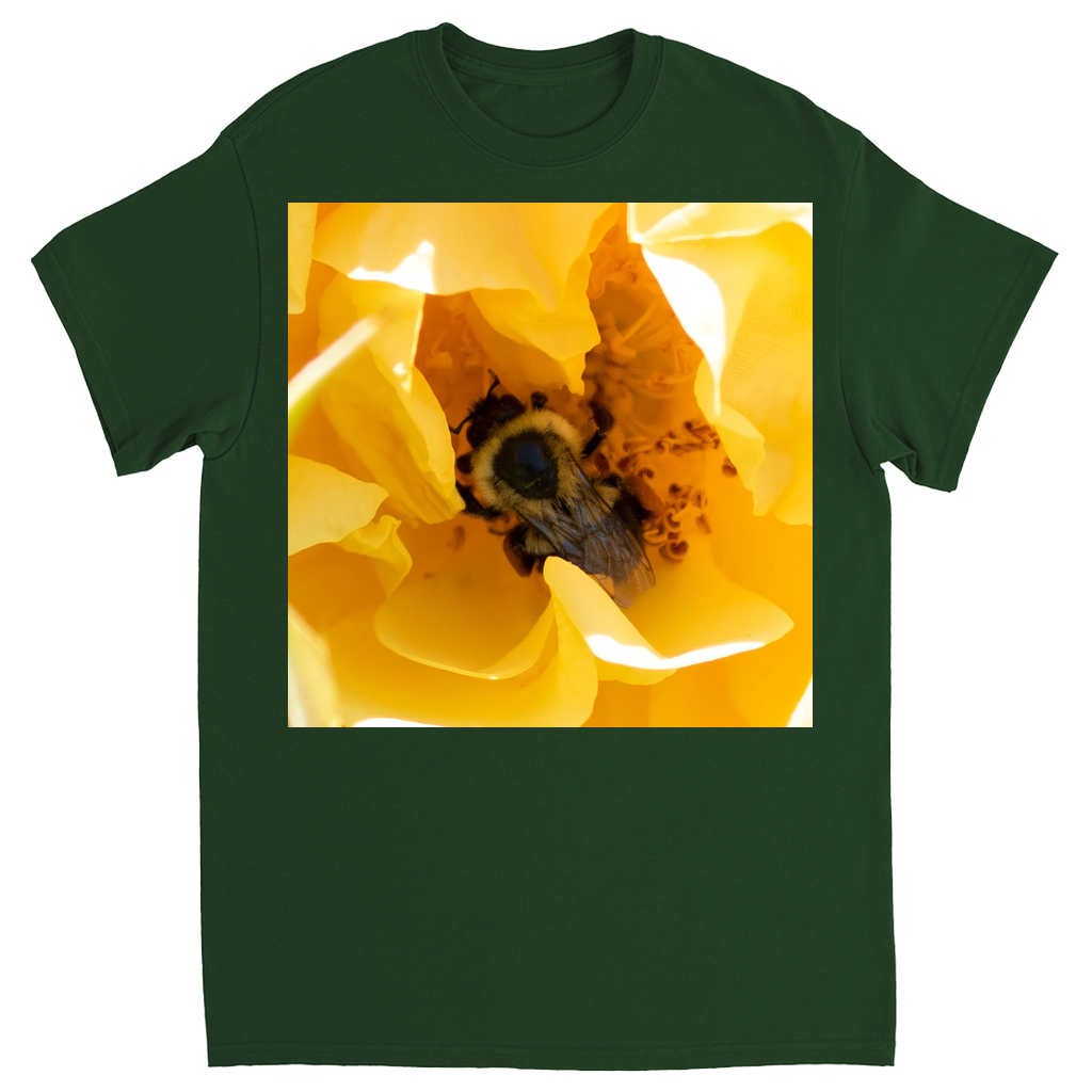 Bee in a Yellow Rose Unisex Adult T-Shirt Forest Green Shirts & Tops apparel