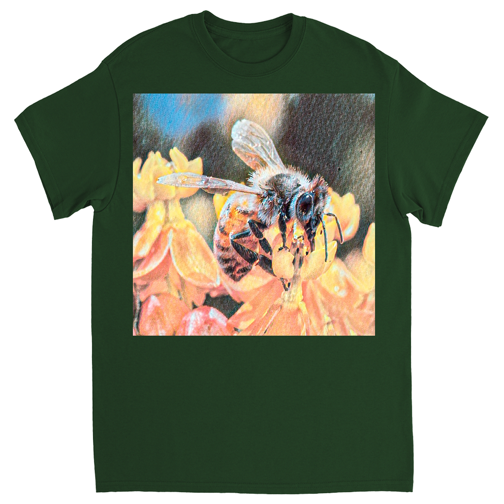 Watercolor Bee Sipping Unisex Adult T-Shirt Forest Green Shirts & Tops apparel
