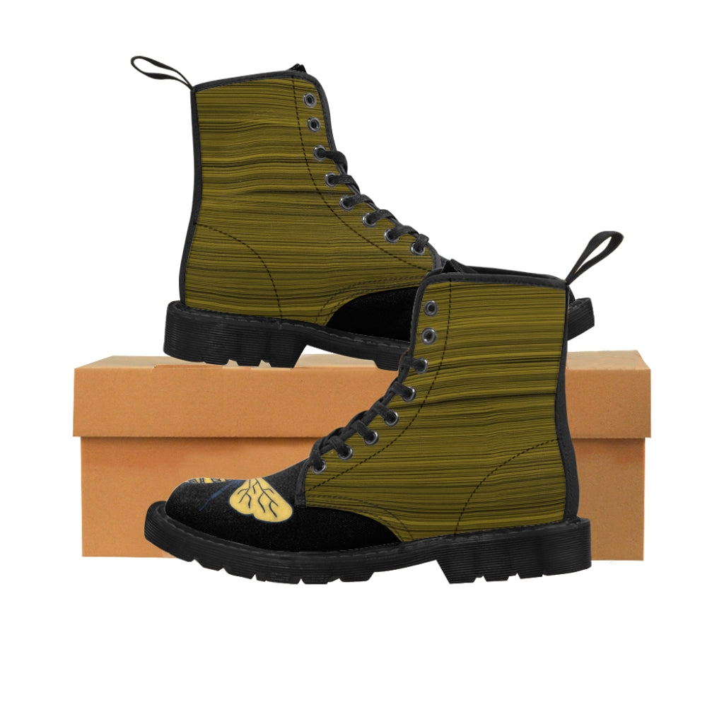 Deep Yellow Doodle Bee Painted Men's Canvas Boots Black Shoes Bee boots combat boots Mens boots mens fashion boots mens shoes original art boots Shoes unique mens boots vegan boots vegan combat boots