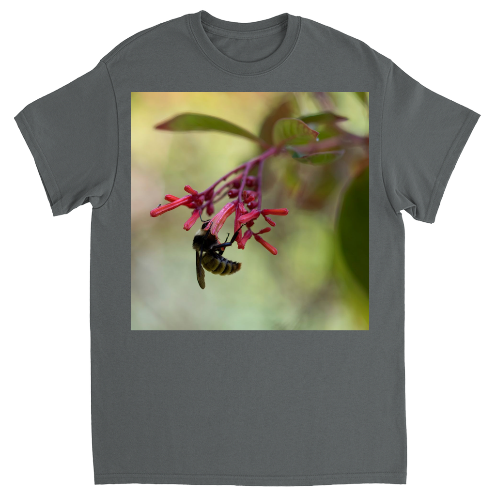Bee Hanging on Red Flowers Unisex Adult T-Shirt Charcoal Shirts & Tops apparel Bee Hanging on Red Flowers