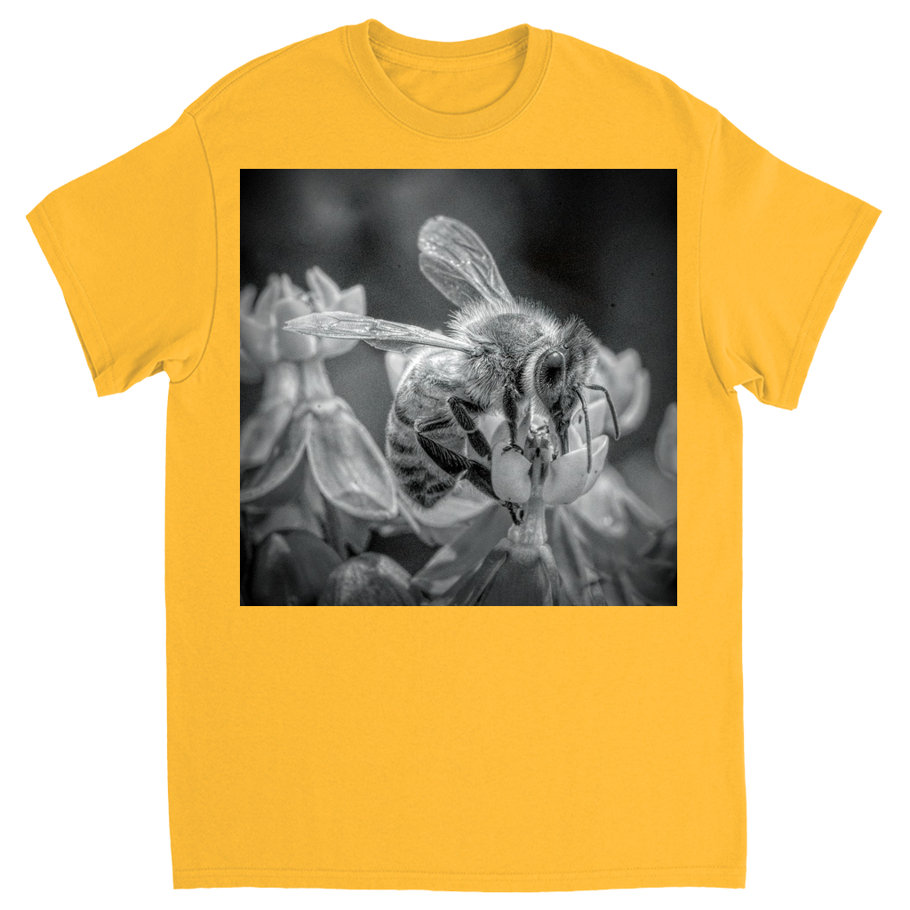 Black and White Sipping Bee Unisex Adult T-Shirt Gold Shirts & Tops apparel