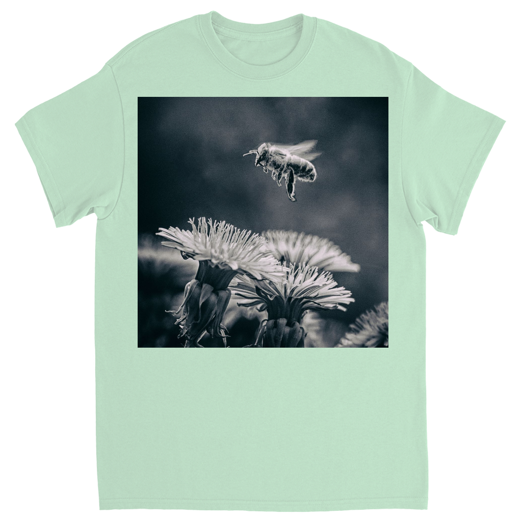B&W Bee Hovering Over Flower Mint Shirts & Tops apparel