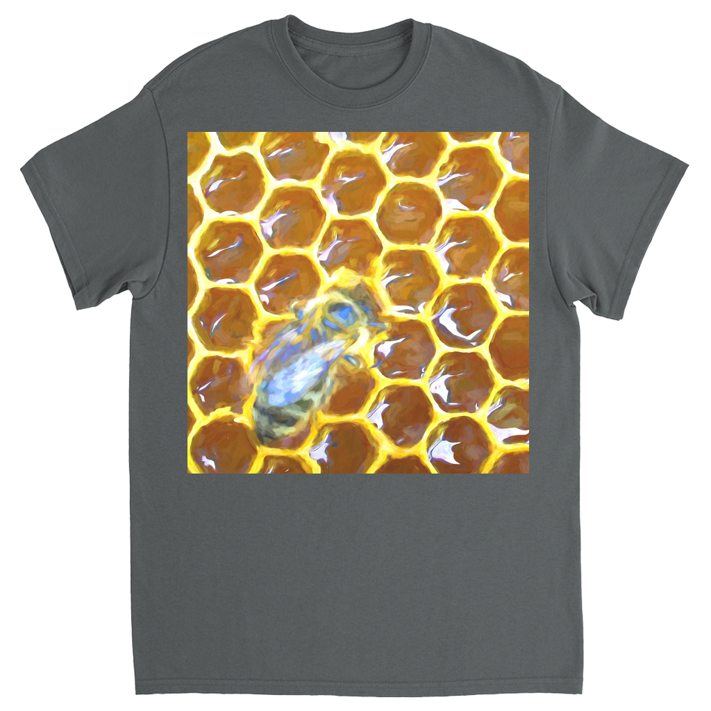 Bee on Honeycomb Unisex Adult T-Shirt Charcoal Shirts & Tops apparel