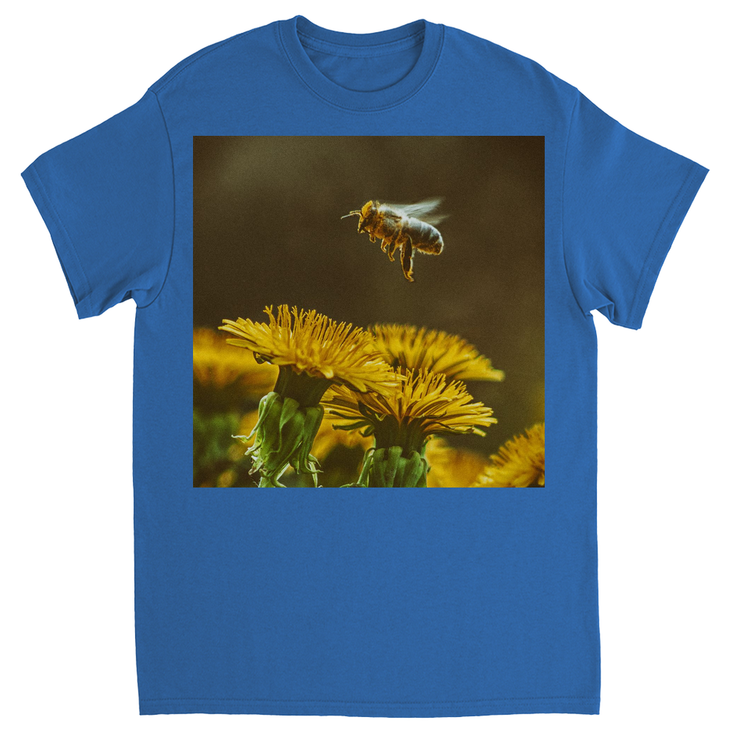 Golden Bee Hovering Over Flower Unisex Adult T-Shirt Royal Shirts & Tops