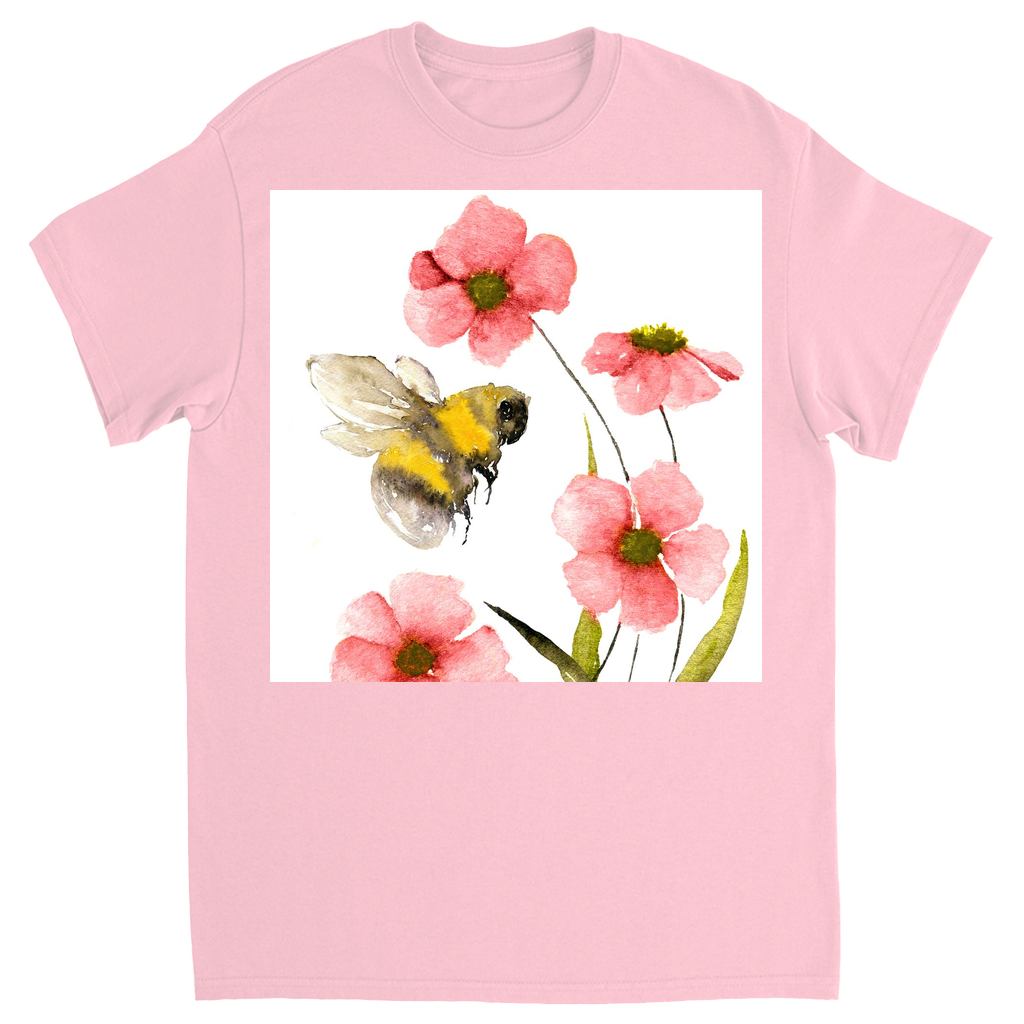 Classic Watercolor Bee with Pink Flowers Unisex Adult T-Shirt Light Pink Shirts & Tops apparel