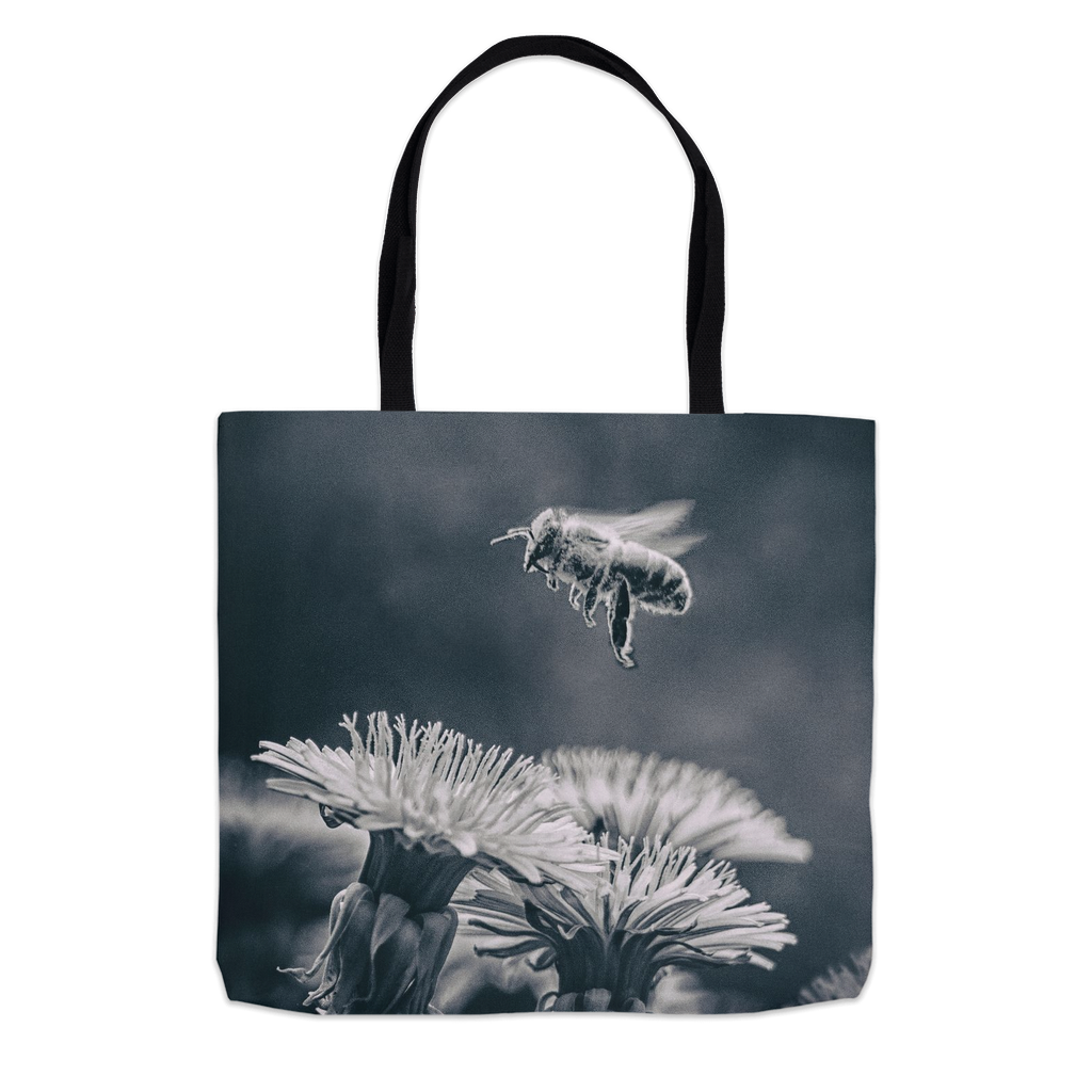 B&W Bee Hovering Over Flower Tote Bag 13x13 inch Shopping Totes bee tote bag gift for bee lover gifts original art tote bag totes zero waste bag
