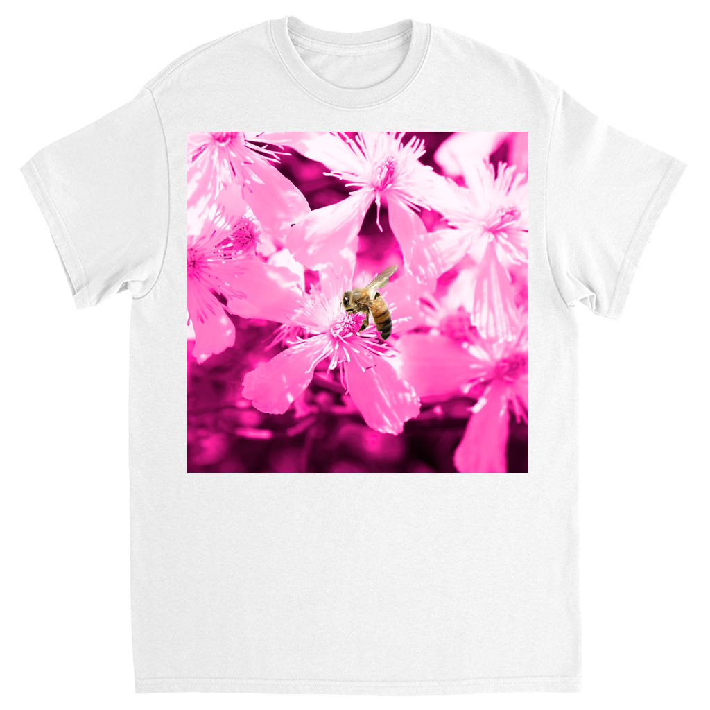 Bee with Glowing Pink Flowers Unisex Adult T-Shirt White Shirts & Tops apparel