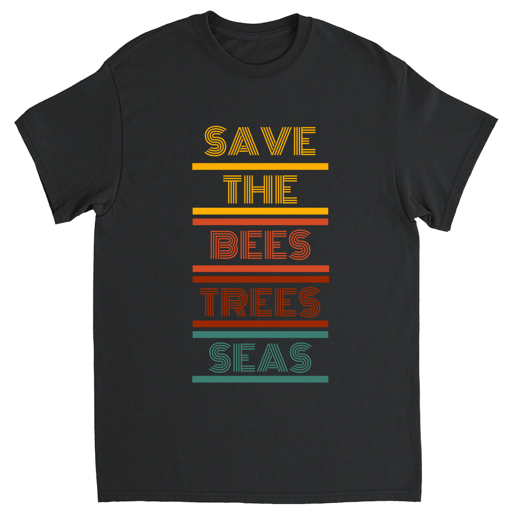Vintage 70s Save the Bees Trees Seas Unisex Adult T-Shirt Black Shirts & Tops