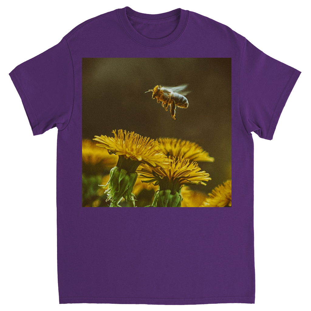 Golden Bee Hovering Over Flower Unisex Adult T-Shirt Purple Shirts & Tops