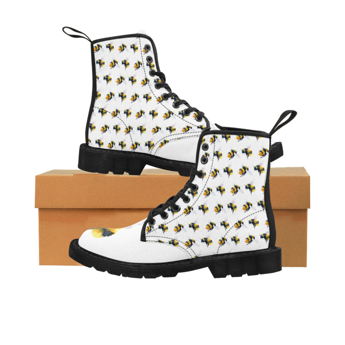 Friendly Flying Bees Women's White Canvas Boots Black Shoes Bee boots combat boots fun womens boots original art boots Shoes unique womens boots vegan boots vegan combat boots womens boots womens fashion boots