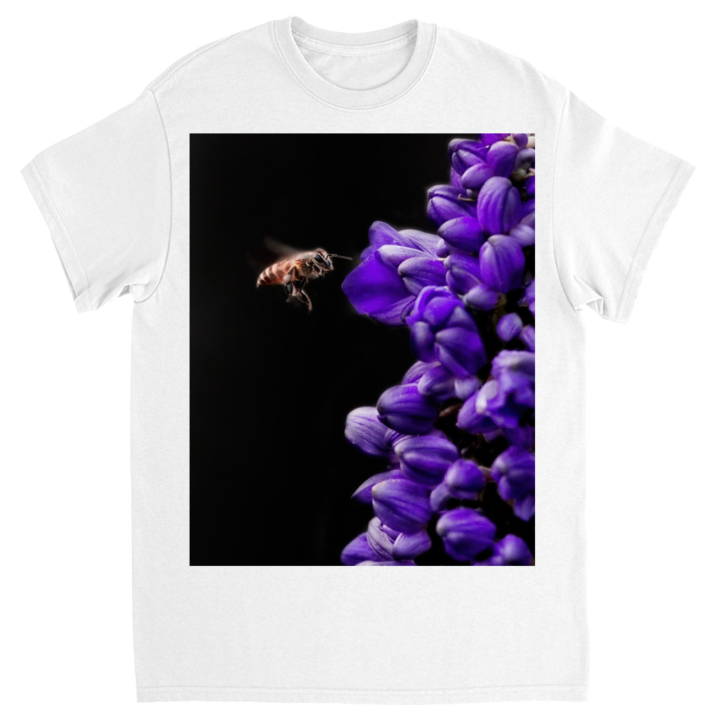 Buzzing Bee with Purple Flower Unisex Adult T-Shirt White Shirts & Tops apparel Buzzing Bee with Purple Flower