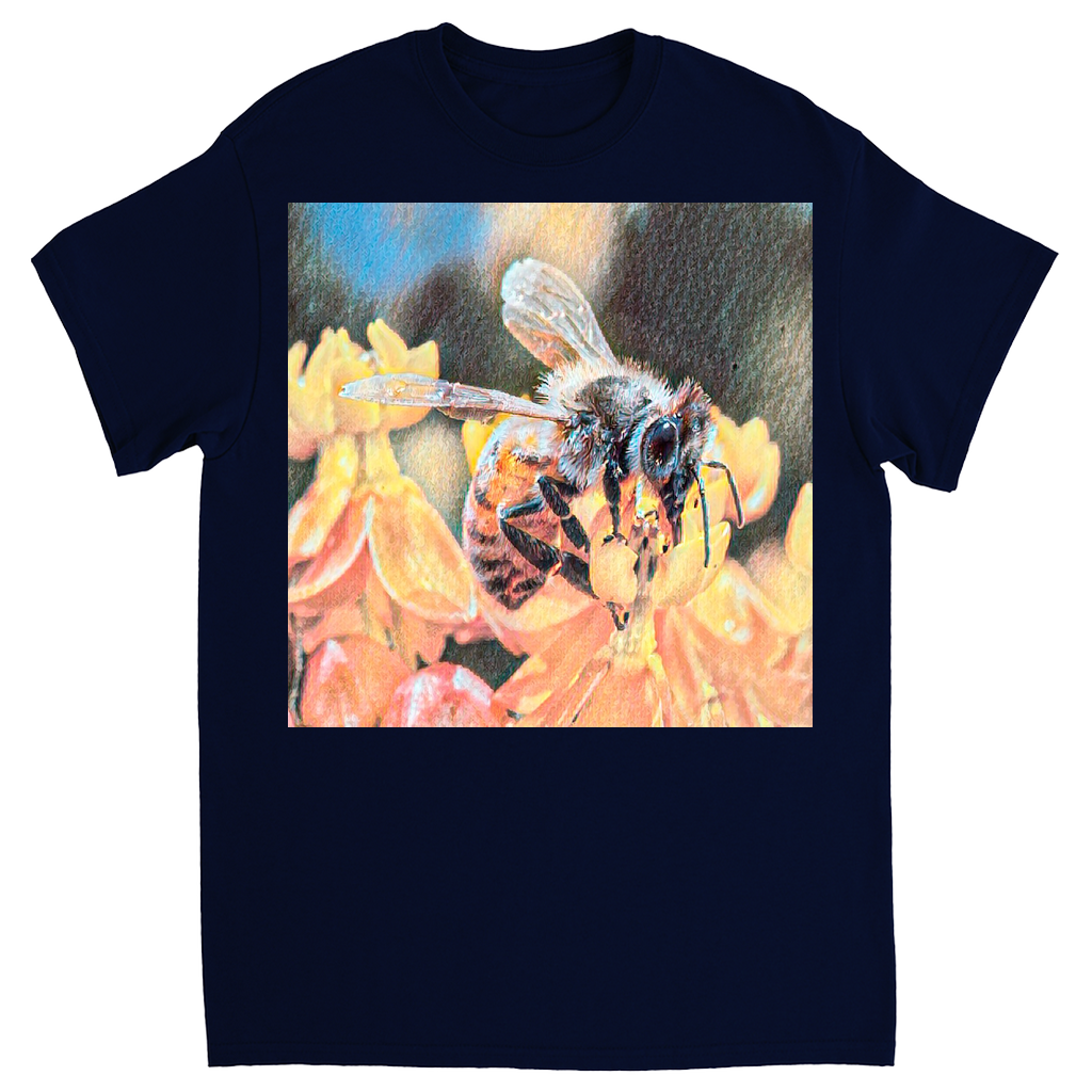Watercolor Bee Sipping Unisex Adult T-Shirt Navy Blue Shirts & Tops apparel
