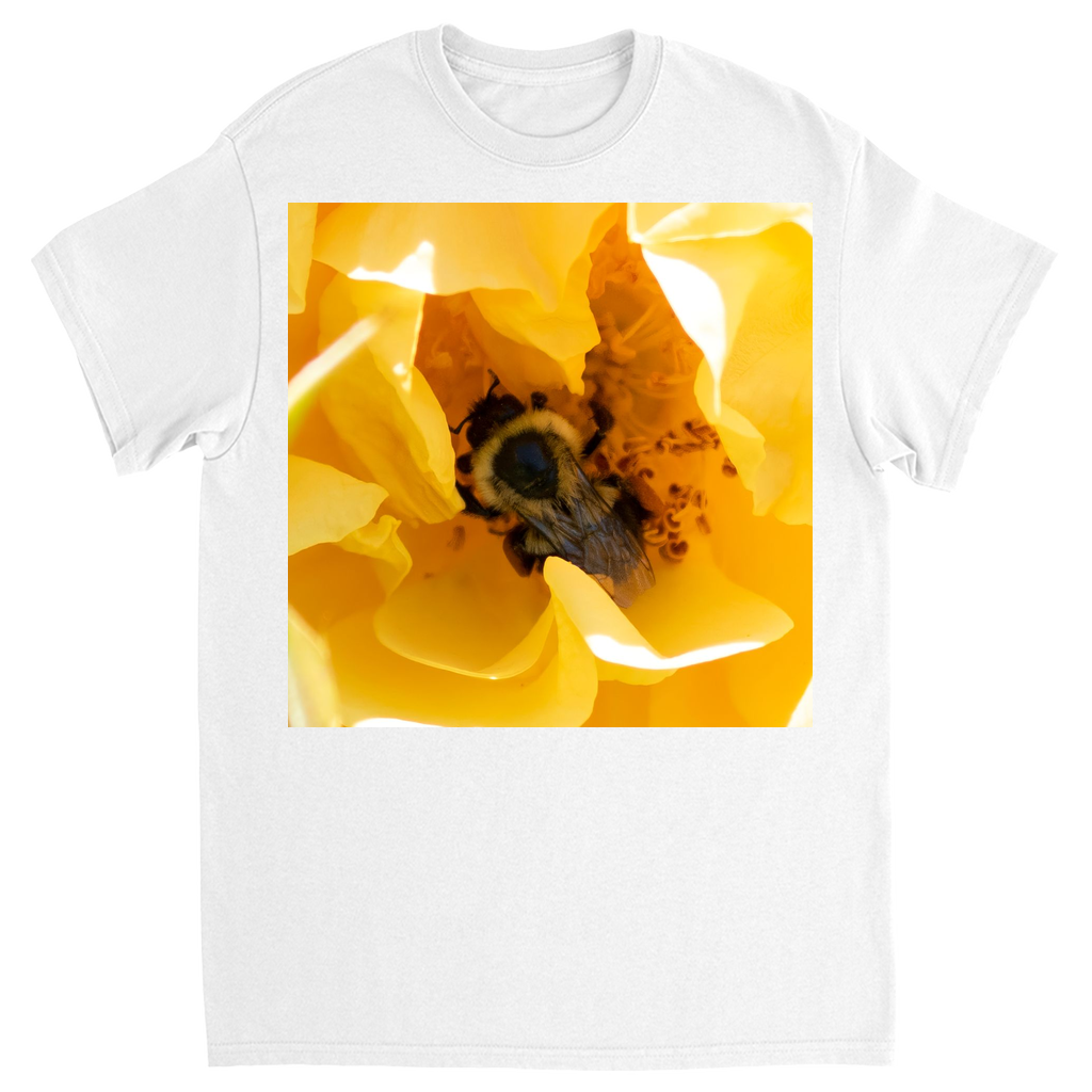 Bee in a Yellow Rose Unisex Adult T-Shirt White Shirts & Tops apparel
