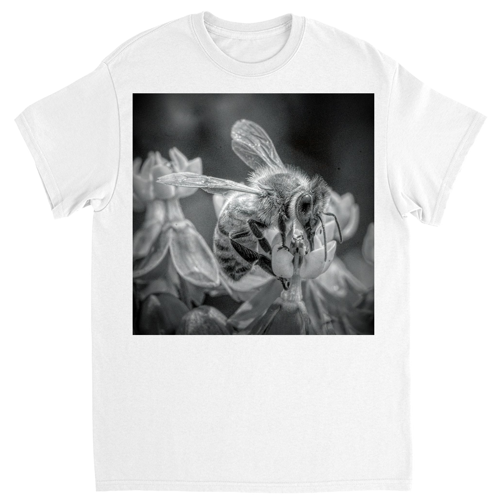 Black and White Sipping Bee Unisex Adult T-Shirt White Shirts & Tops apparel