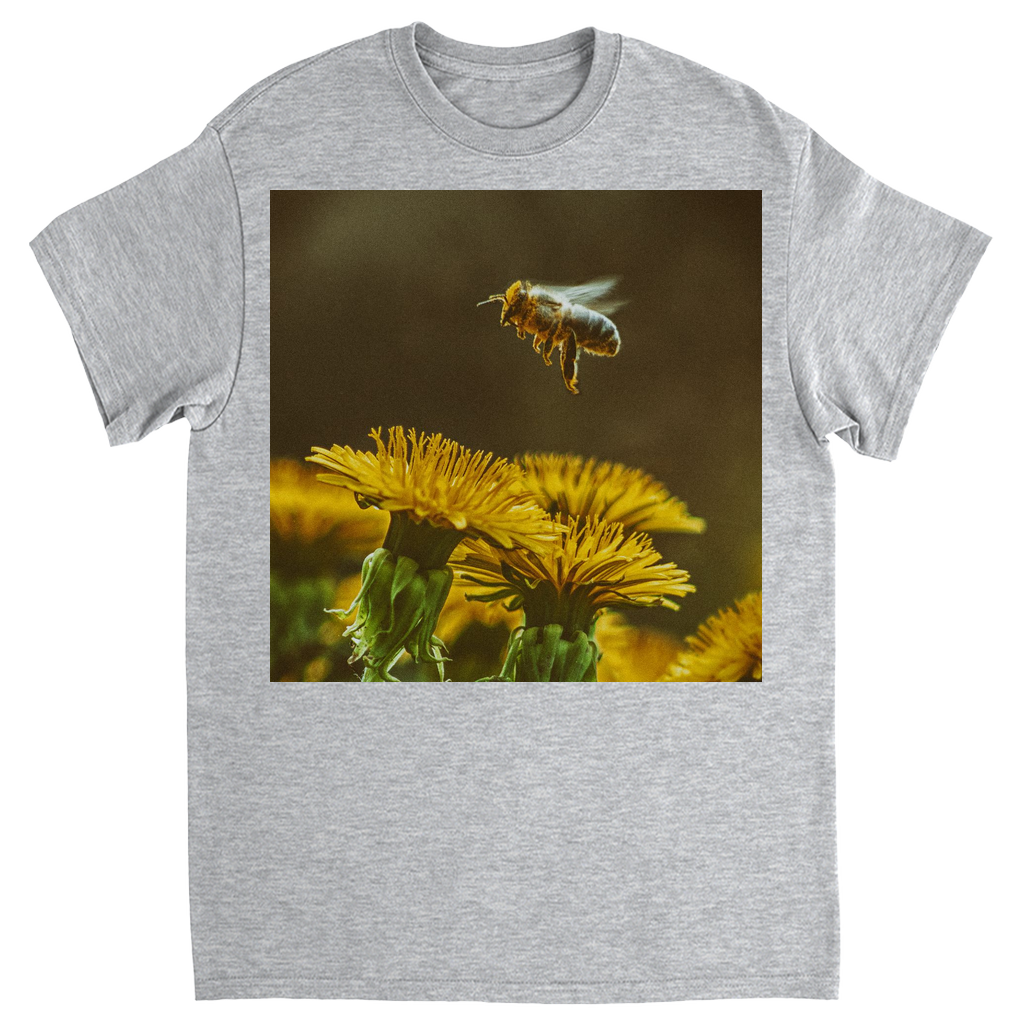 Golden Bee Hovering Over Flower Unisex Adult T-Shirt Sport Grey Shirts & Tops