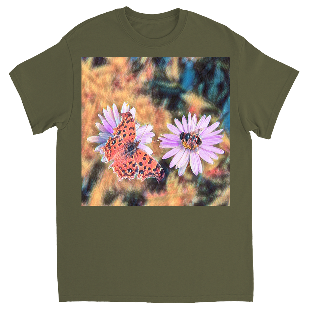 Vintage Butterfly & Bee on Purple Flower Unisex Adult T-Shirt Military Green Shirts & Tops apparel