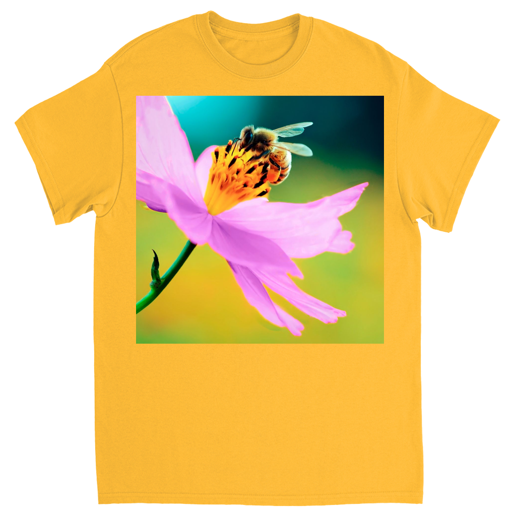 Bee on Delicate Purple Flower Unisex Adult T-Shirt Gold Shirts & Tops apparel