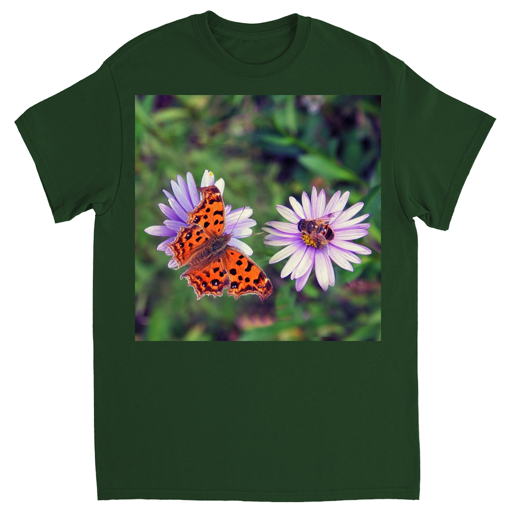 Butterfly & Bee on Purple Flower Unisex Adult T-Shirt Forest Green Shirts & Tops apparel
