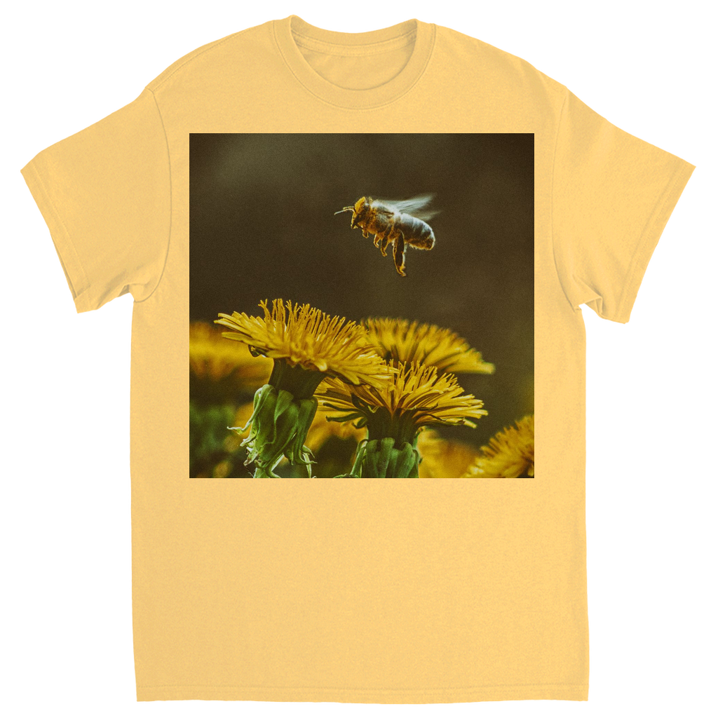 Golden Bee Hovering Over Flower Unisex Adult T-Shirt Yellow Haze Shirts & Tops