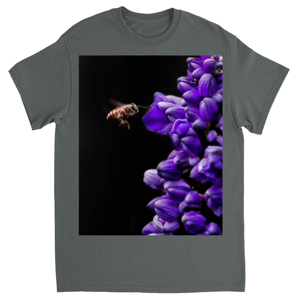 Buzzing Bee with Purple Flower Unisex Adult T-Shirt Charcoal Shirts & Tops apparel Buzzing Bee with Purple Flower